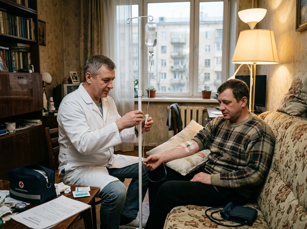 Врач-нарколог ставит капельницу пациенту на дому в Москве — детоксикация при выводе из запоя, профессиональная обстановка, мягкий свет