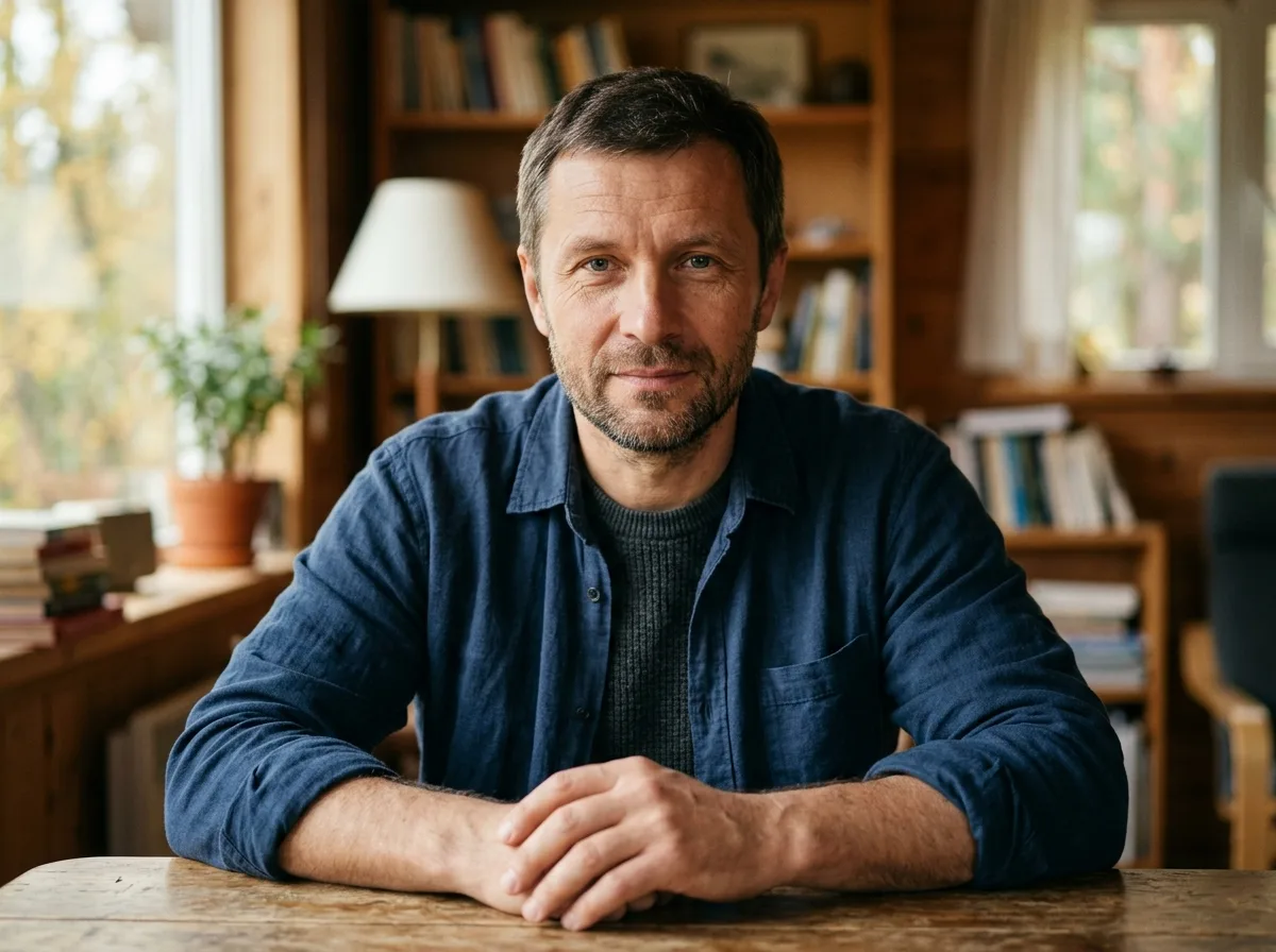 Аватар Сергея — мужчина 40 лет, спокойный взгляд, простая одежда